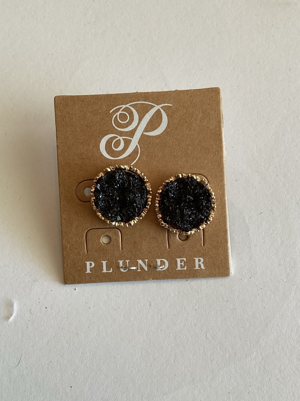 Plunder Gold-Trim Black Druzy Round Stud Earrings